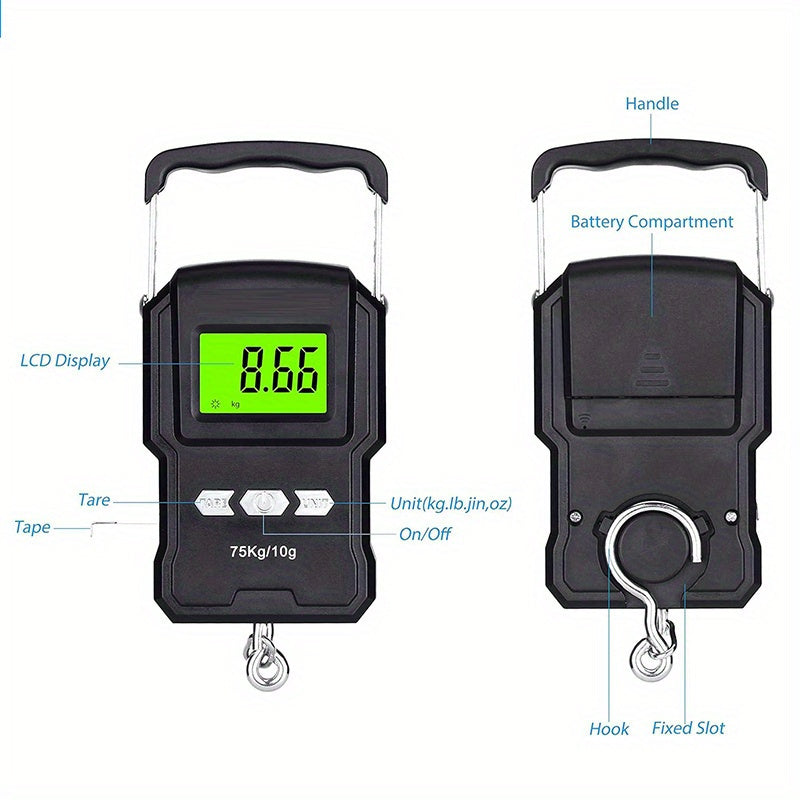 Digital Fish Scale with Ruler 75kg 165lb Luggage Hanging Hook Postal