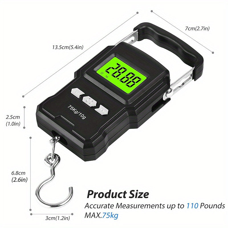 Digital Fish Scale with Ruler 75kg 165lb Luggage Hanging Hook Postal