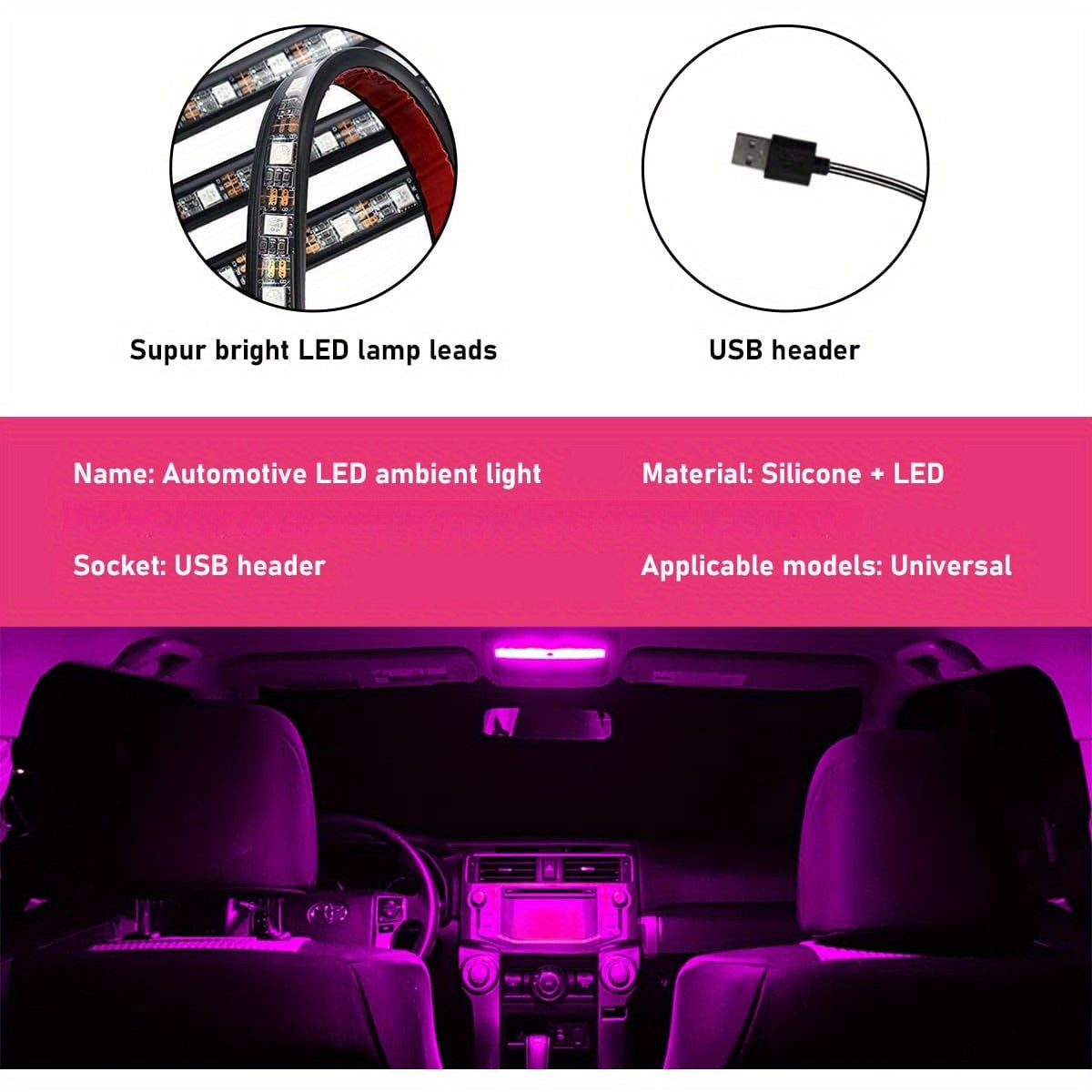 Car Interior RGB LED Light Bar, Pink Neon Ambient Night Under Dashboard