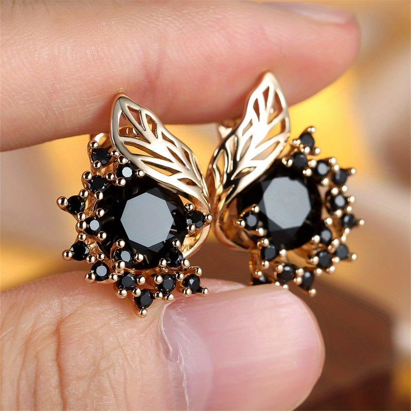 Black Stone Floral Drop Earrings with CZ Claw for Weddings