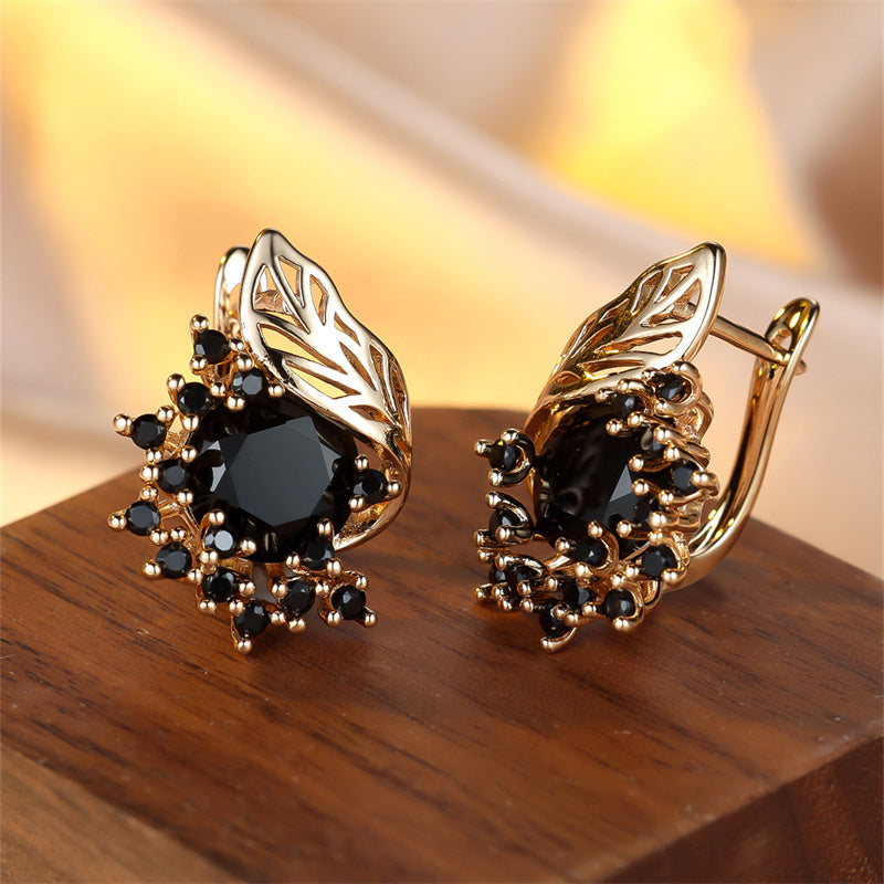 Black Stone Floral Drop Earrings with CZ Claw for Weddings