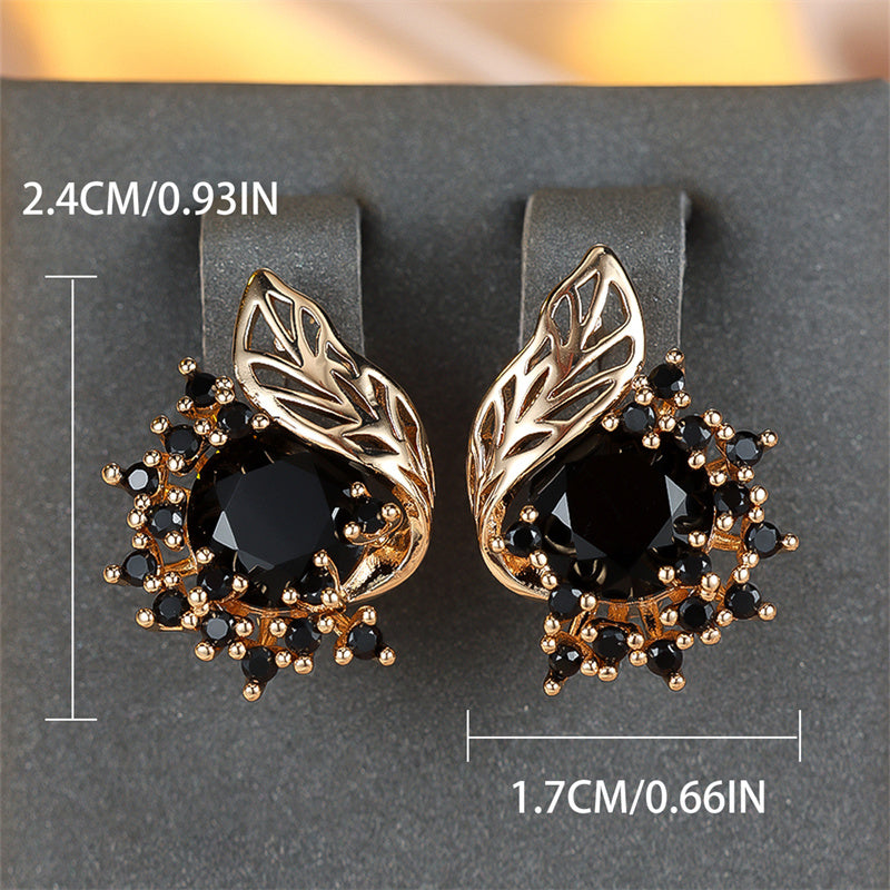 Black Stone Floral Drop Earrings with CZ Claw for Weddings