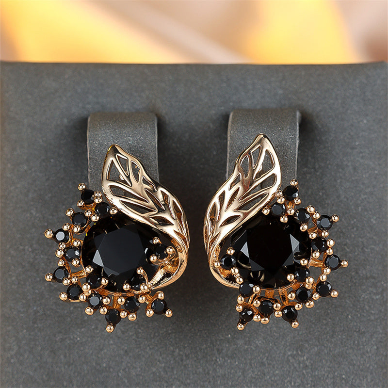 Black Stone Floral Drop Earrings with CZ Claw for Weddings
