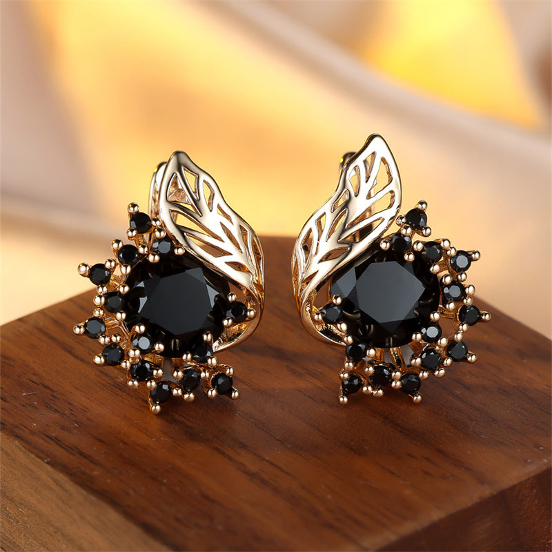 Black Stone Floral Drop Earrings with CZ Claw for Weddings