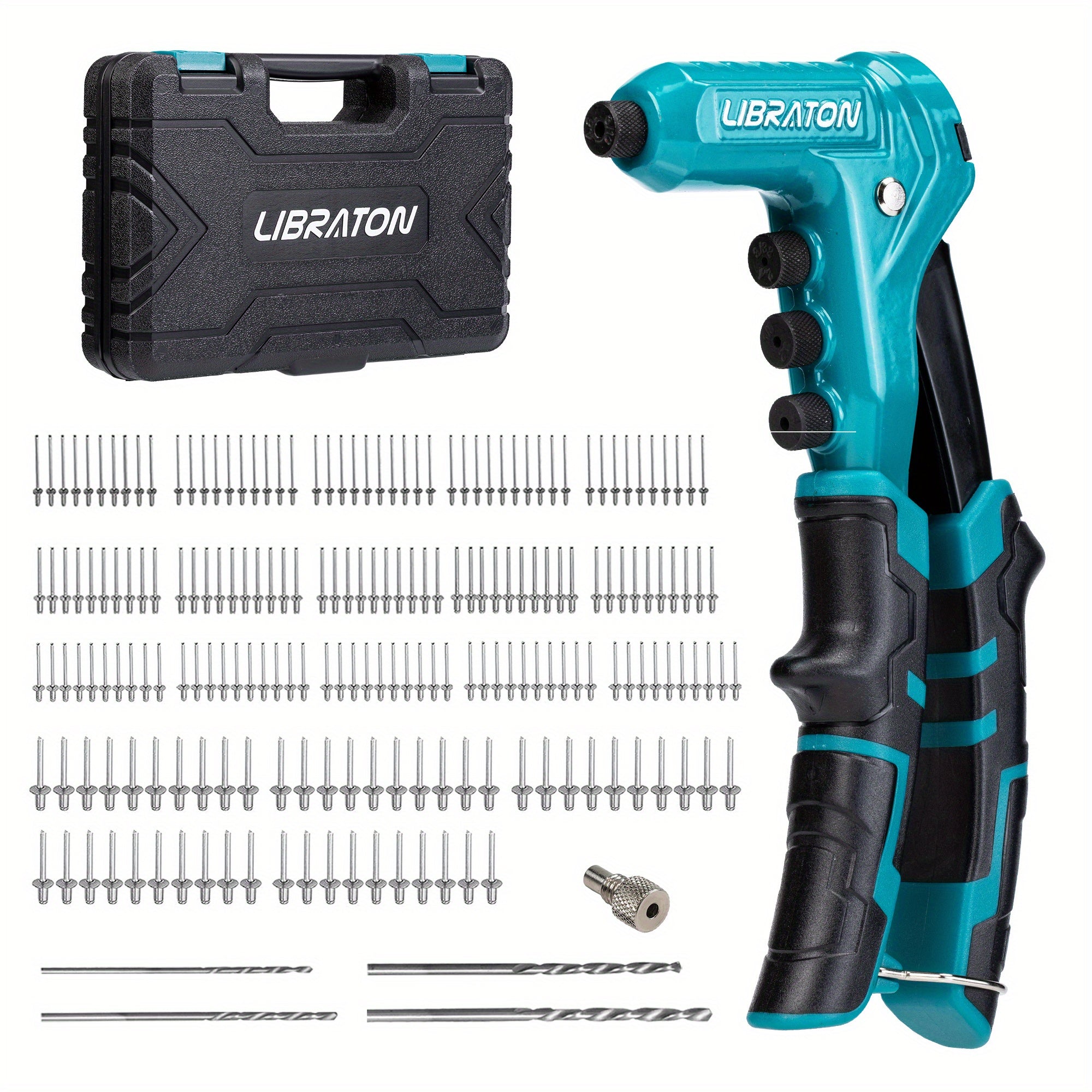 Professional One-Handed Rivet Gun Set with 200 Rivets and Interchangeable Heads