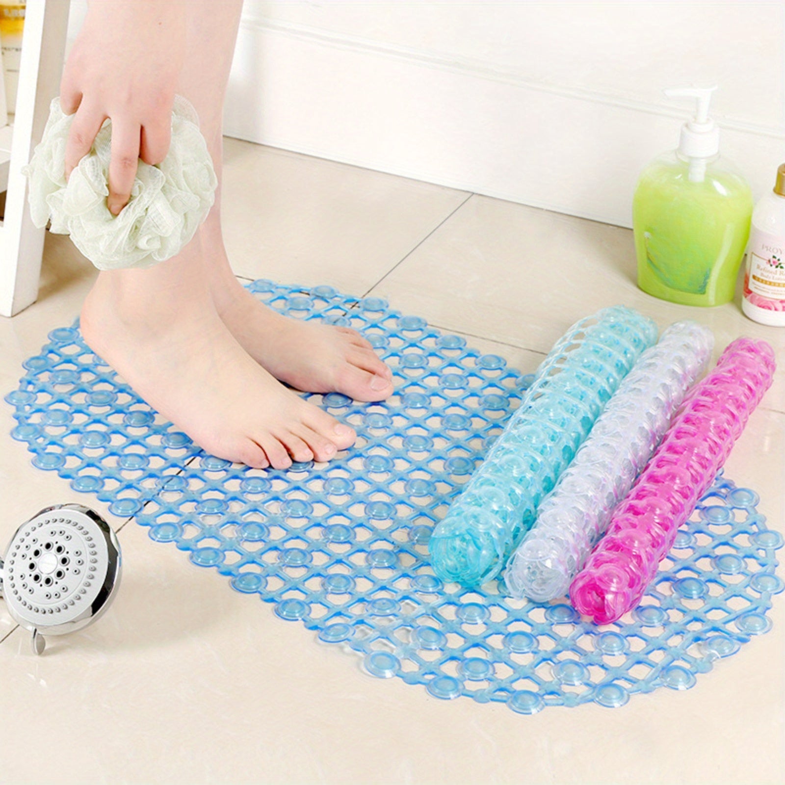 Kids Waterproof Shower Mat with Suction Cups Pink and Blue Non-Slip Bathroom Rug