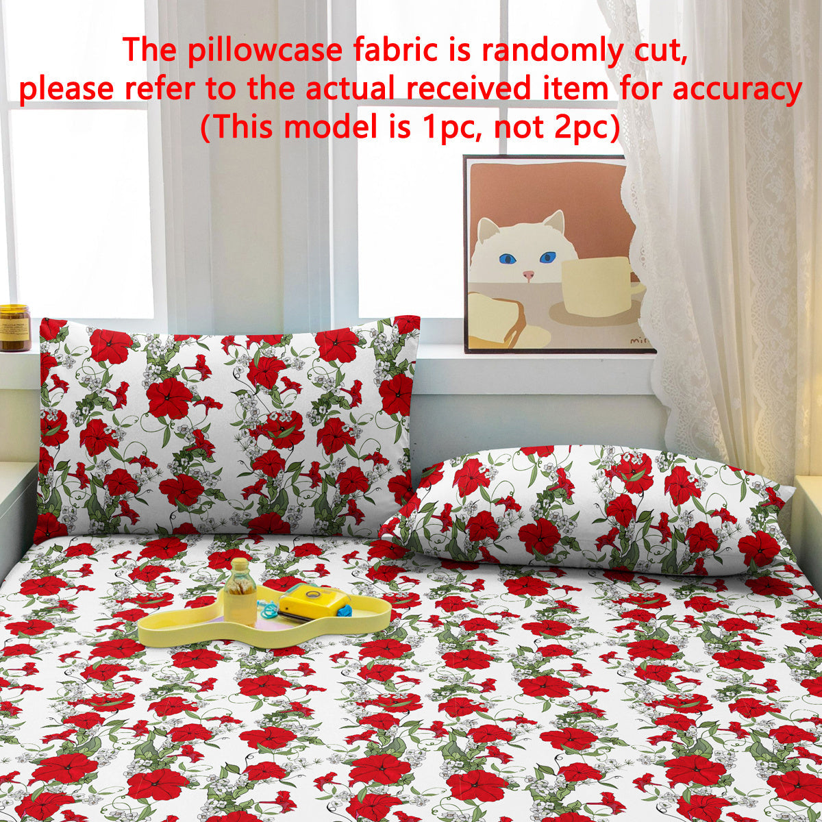 Floral Pillowcase with Red Flowers on Green Leaves 75cm x 50cm Machine Washable