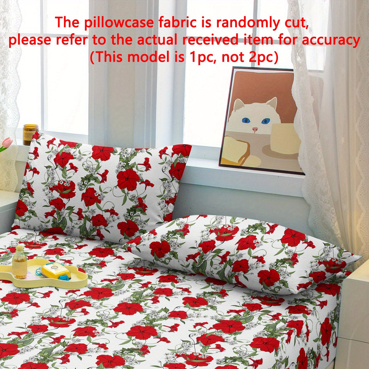 Floral Pillowcase with Red Flowers on Green Leaves 75cm x 50cm Machine Washable