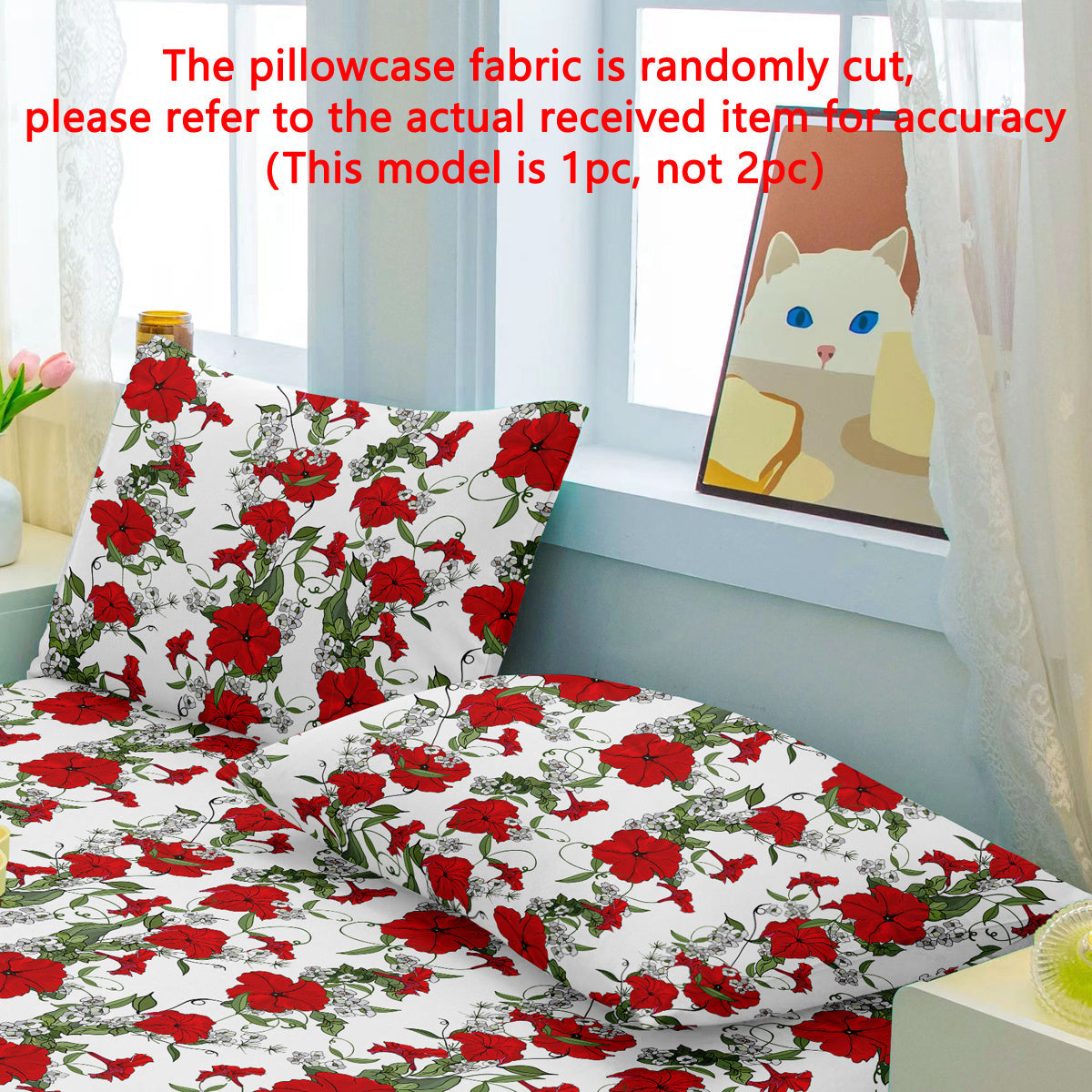 Floral Pillowcase with Red Flowers on Green Leaves 75cm x 50cm Machine Washable
