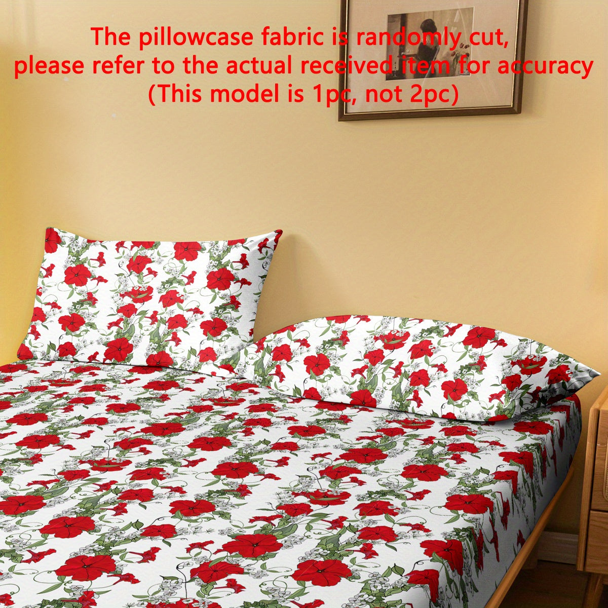 Floral Pillowcase with Red Flowers on Green Leaves 75cm x 50cm Machine Washable