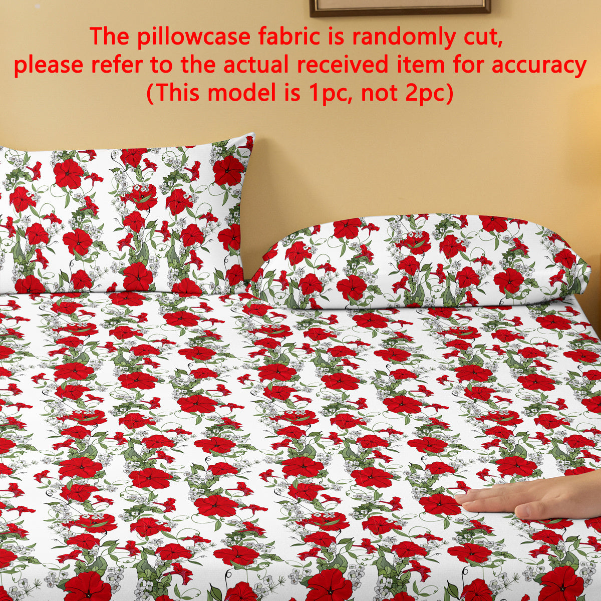 Floral Pillowcase with Red Flowers on Green Leaves 75cm x 50cm Machine Washable