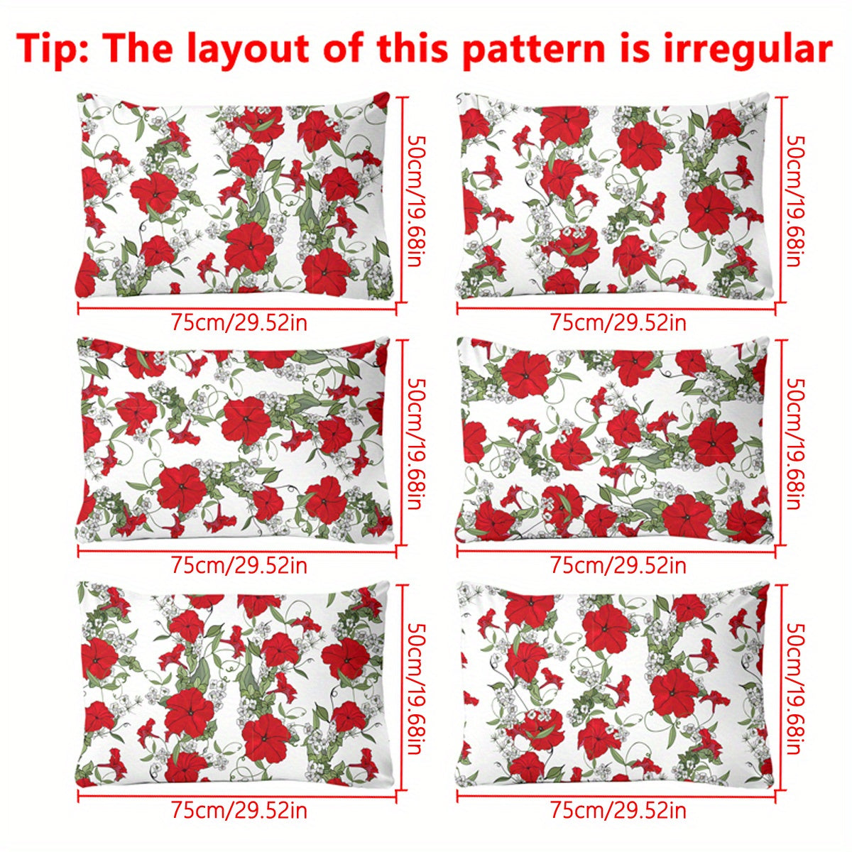 Floral Pillowcase with Red Flowers on Green Leaves 75cm x 50cm Machine Washable