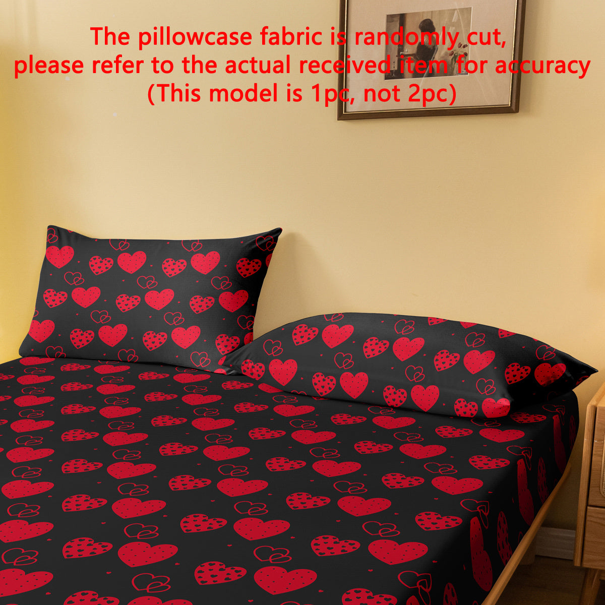 Black Pillowcase with Heart and Geometric Design, Machine Washable, Soft Brushed Texture