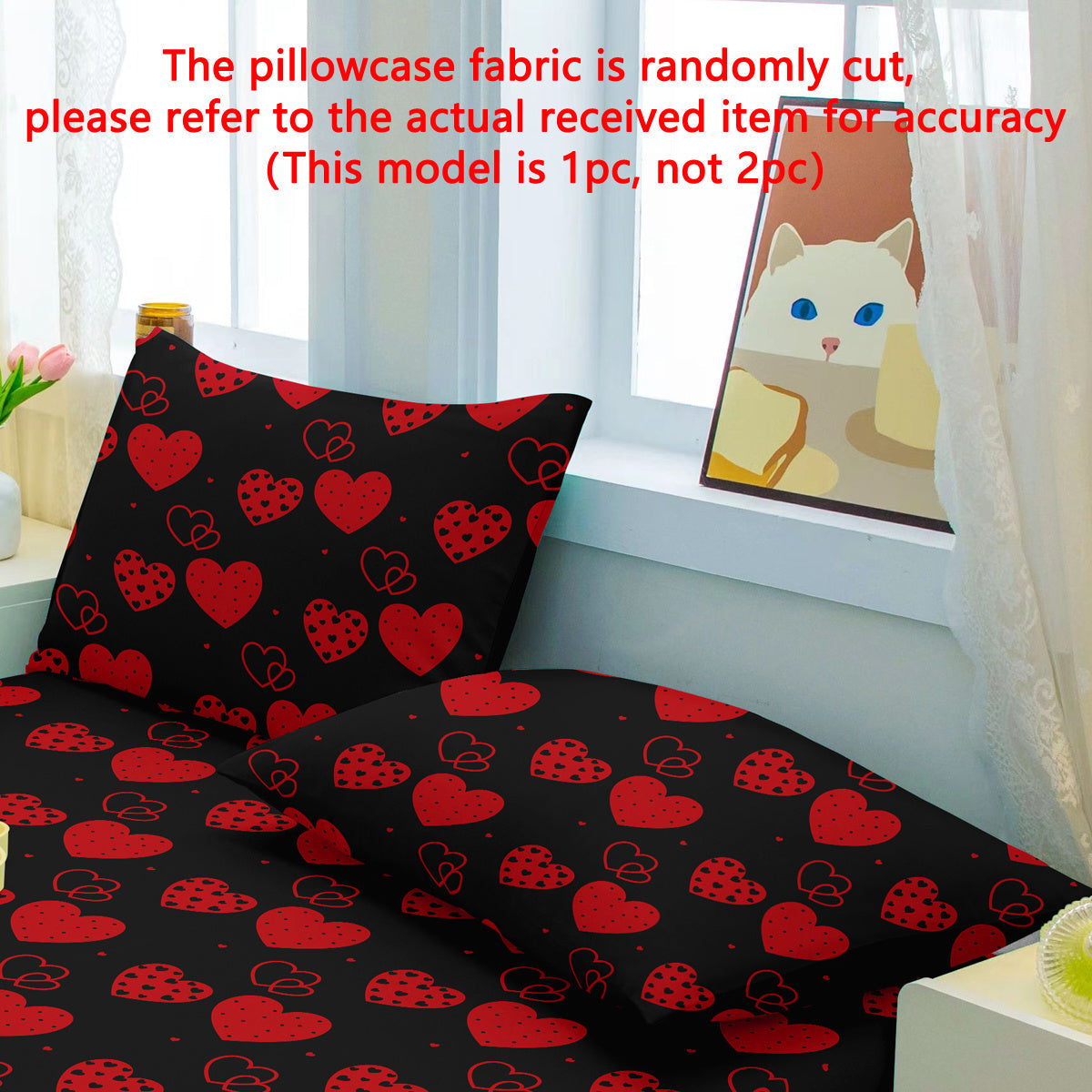 Black Pillowcase with Heart and Geometric Design, Machine Washable, Soft Brushed Texture