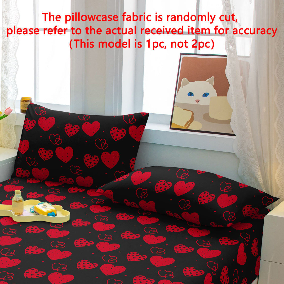 Black Pillowcase with Heart and Geometric Design, Machine Washable, Soft Brushed Texture