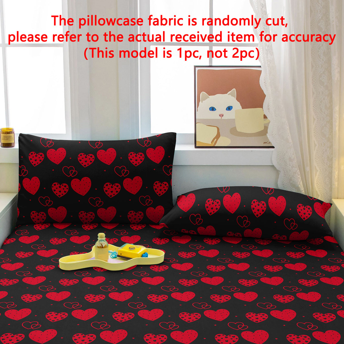 Black Pillowcase with Heart and Geometric Design, Machine Washable, Soft Brushed Texture