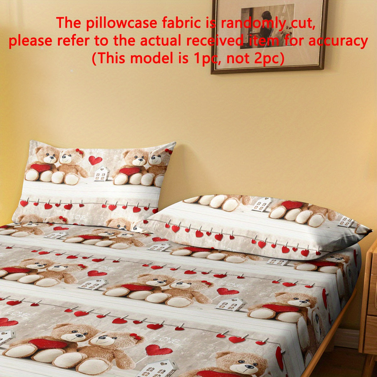 Fleece Pillowcase with Cute Bear Couple Print Soft Sealed Pocket Bedroom Bedding