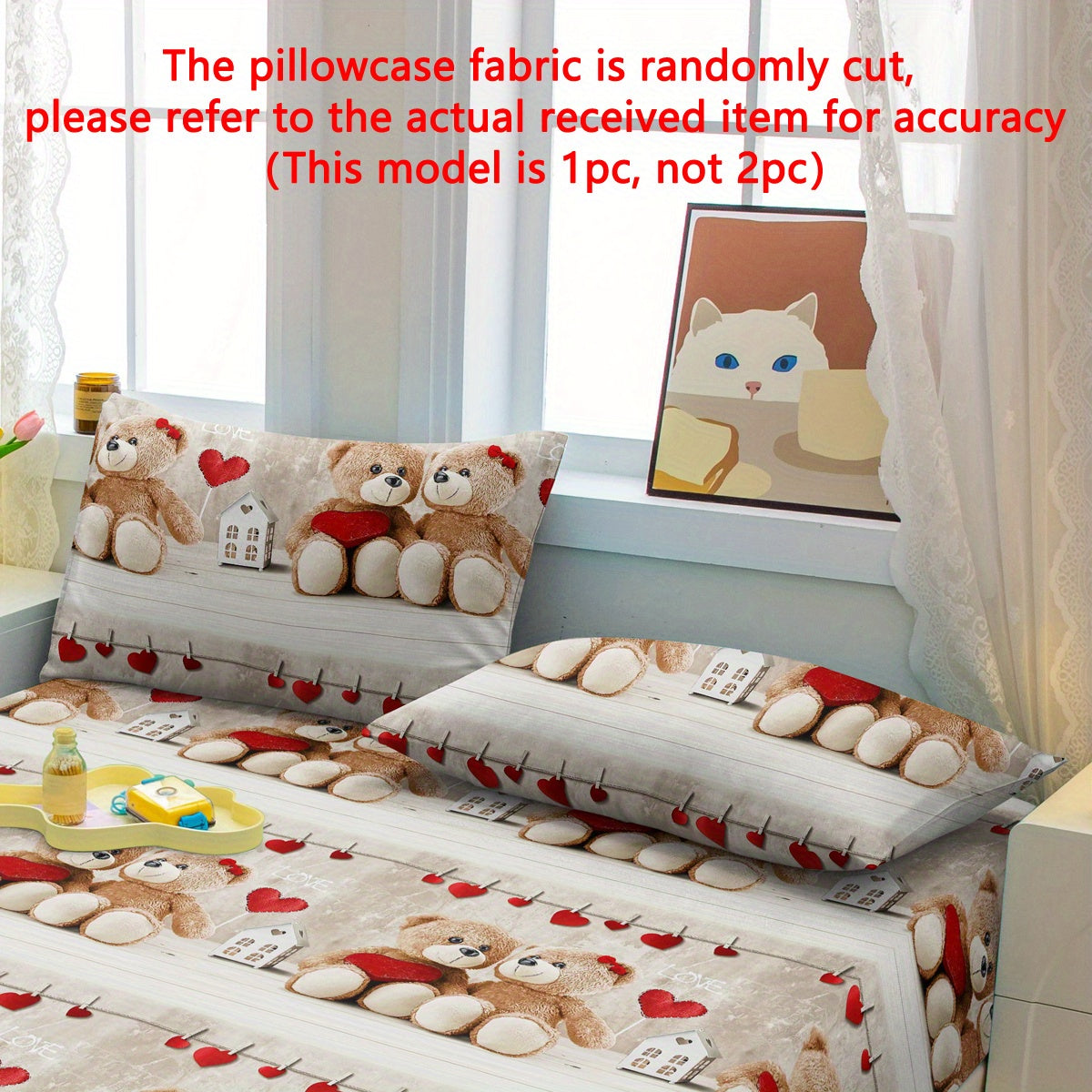 Fleece Pillowcase with Cute Bear Couple Print Soft Sealed Pocket Bedroom Bedding