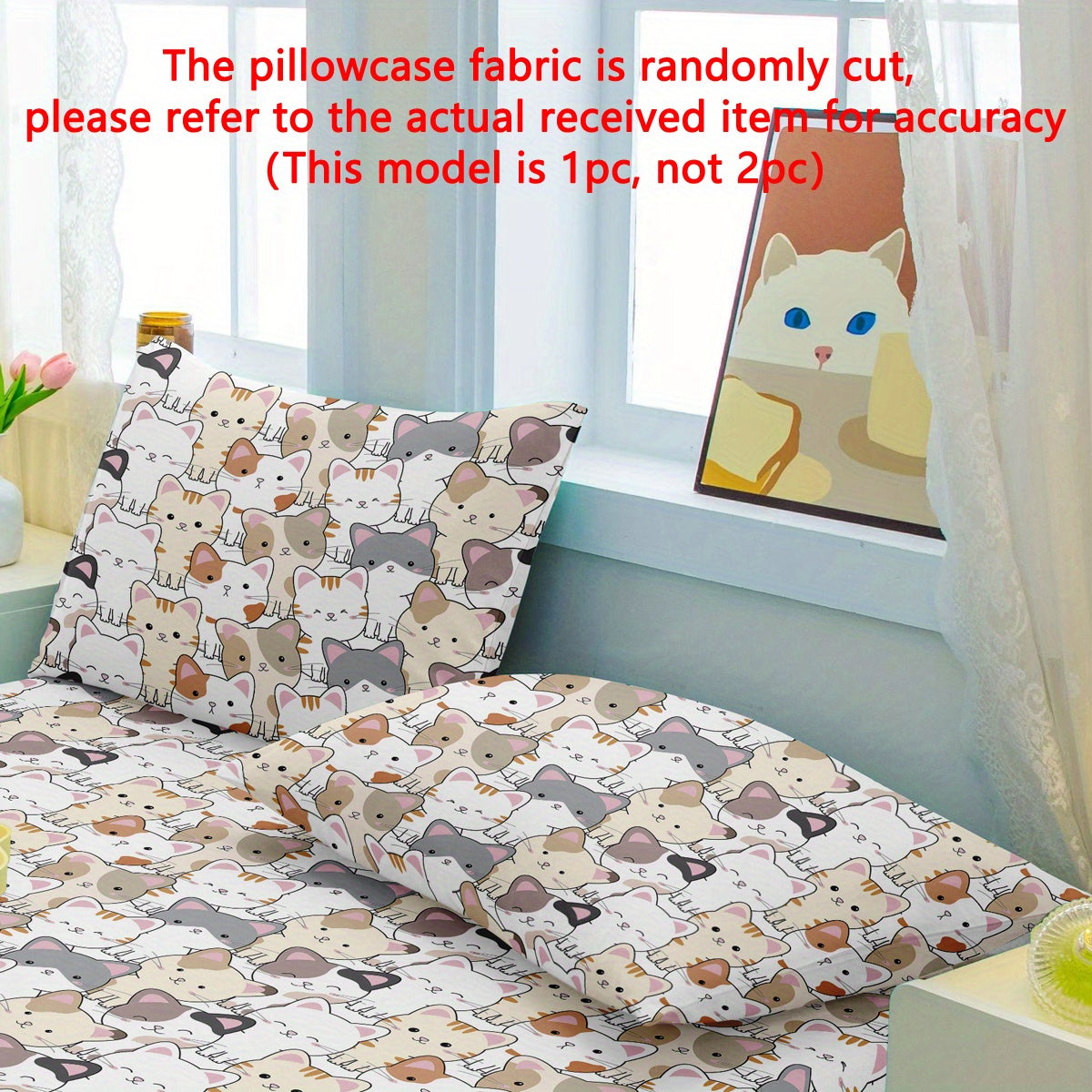 Cartoon Cat Print Pillowcase Soft Quilted Polyester Bed Bedding with Pocket Closure