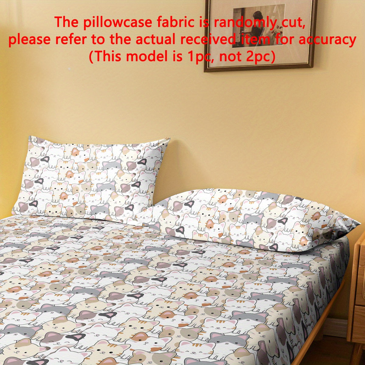 Cartoon Cat Print Pillowcase Soft Quilted Polyester Bed Bedding with Pocket Closure