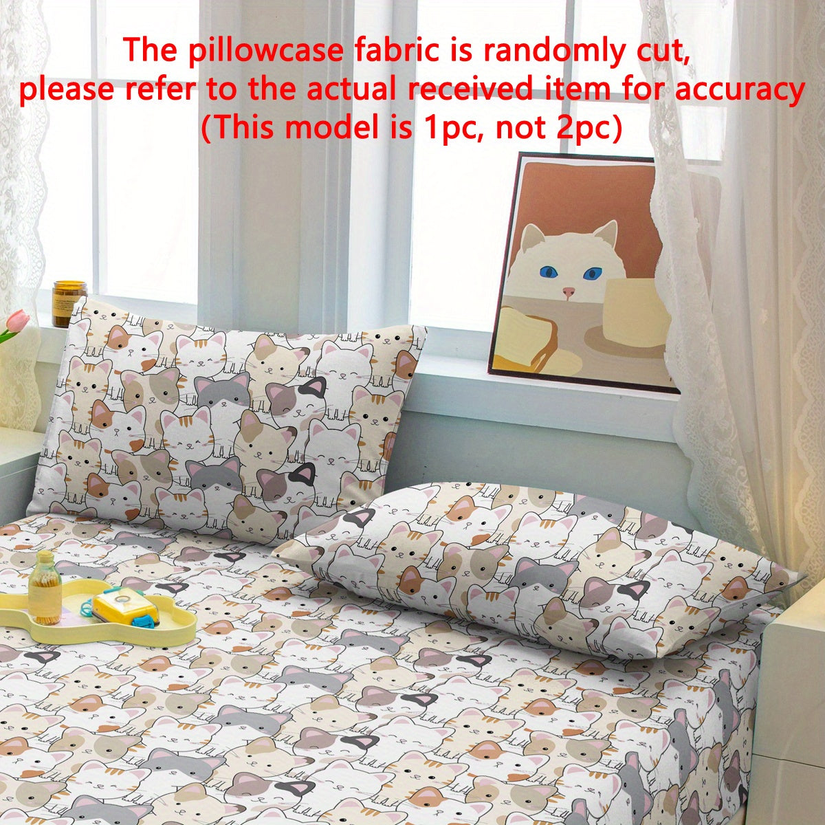 Cartoon Cat Print Pillowcase Soft Quilted Polyester Bed Bedding with Pocket Closure