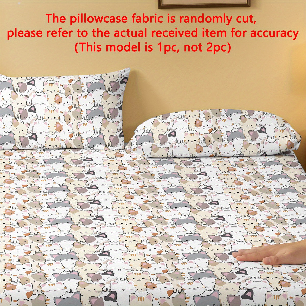 Cartoon Cat Print Pillowcase Soft Quilted Polyester Bed Bedding with Pocket Closure