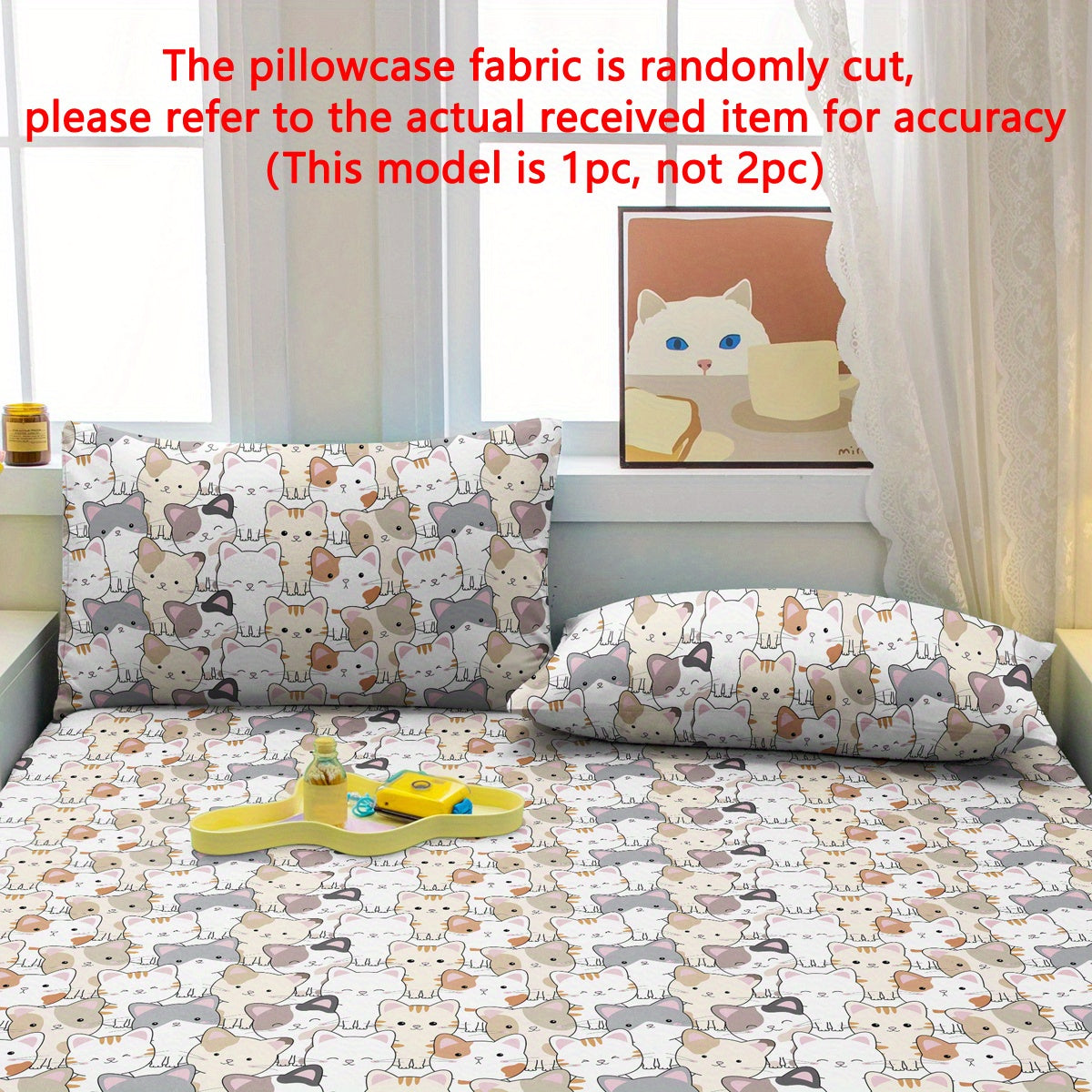 Cartoon Cat Print Pillowcase Soft Quilted Polyester Bed Bedding with Pocket Closure