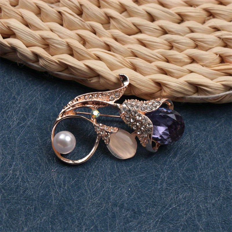 Floral Rhinestone Pearl Brooch for Women Irregular Flower Shape Jewelry