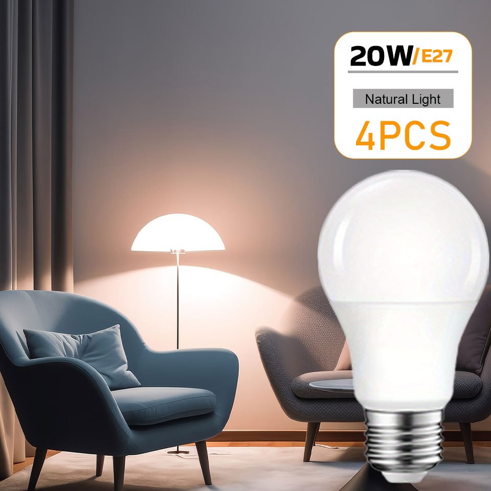 4 Pack LED Bulbs A70 E27 Base 20W Cool White Natural Light Energy Efficient Flicker-Free