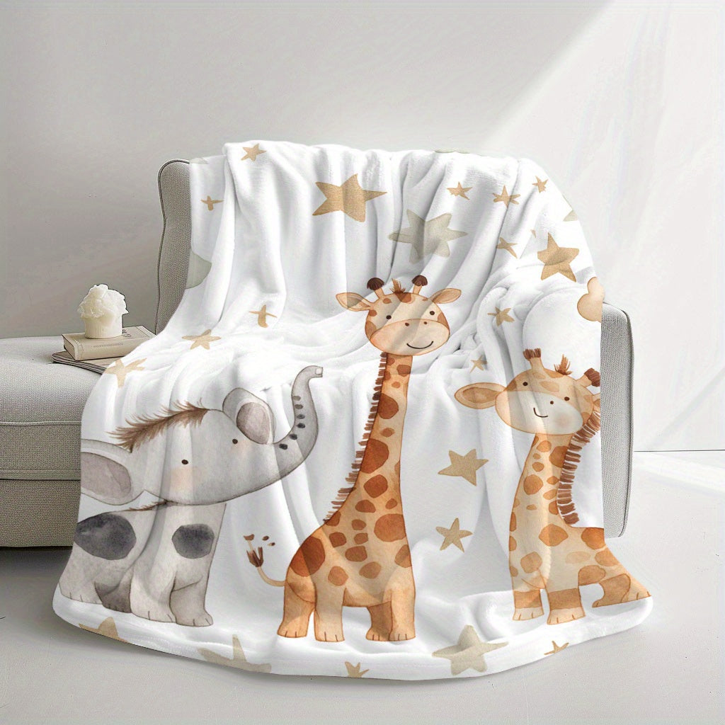 Kids Flannel Blanket with Elephant Giraffe and Star Prints Soft Cozy for Naps Camping Travel