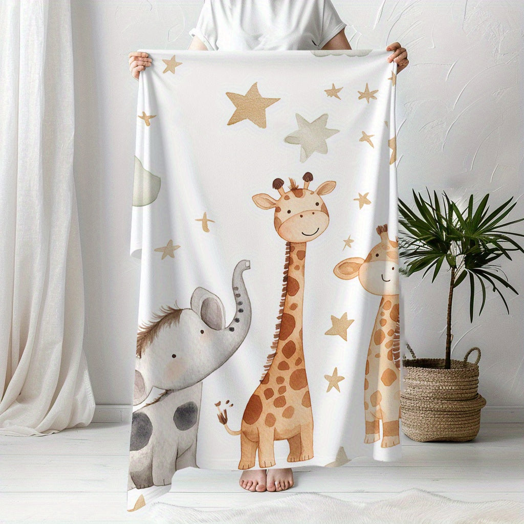 Kids Flannel Blanket with Elephant Giraffe and Star Prints Soft Cozy for Naps Camping Travel