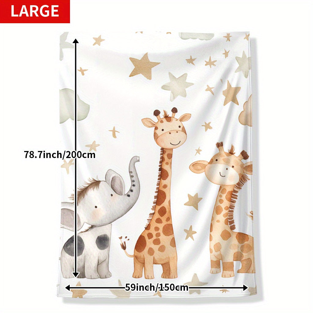 Kids Flannel Blanket with Elephant Giraffe and Star Prints Soft Cozy for Naps Camping Travel