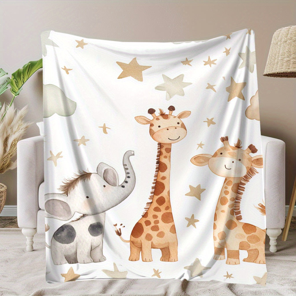 Kids Flannel Blanket with Elephant Giraffe and Star Prints Soft Cozy for Naps Camping Travel