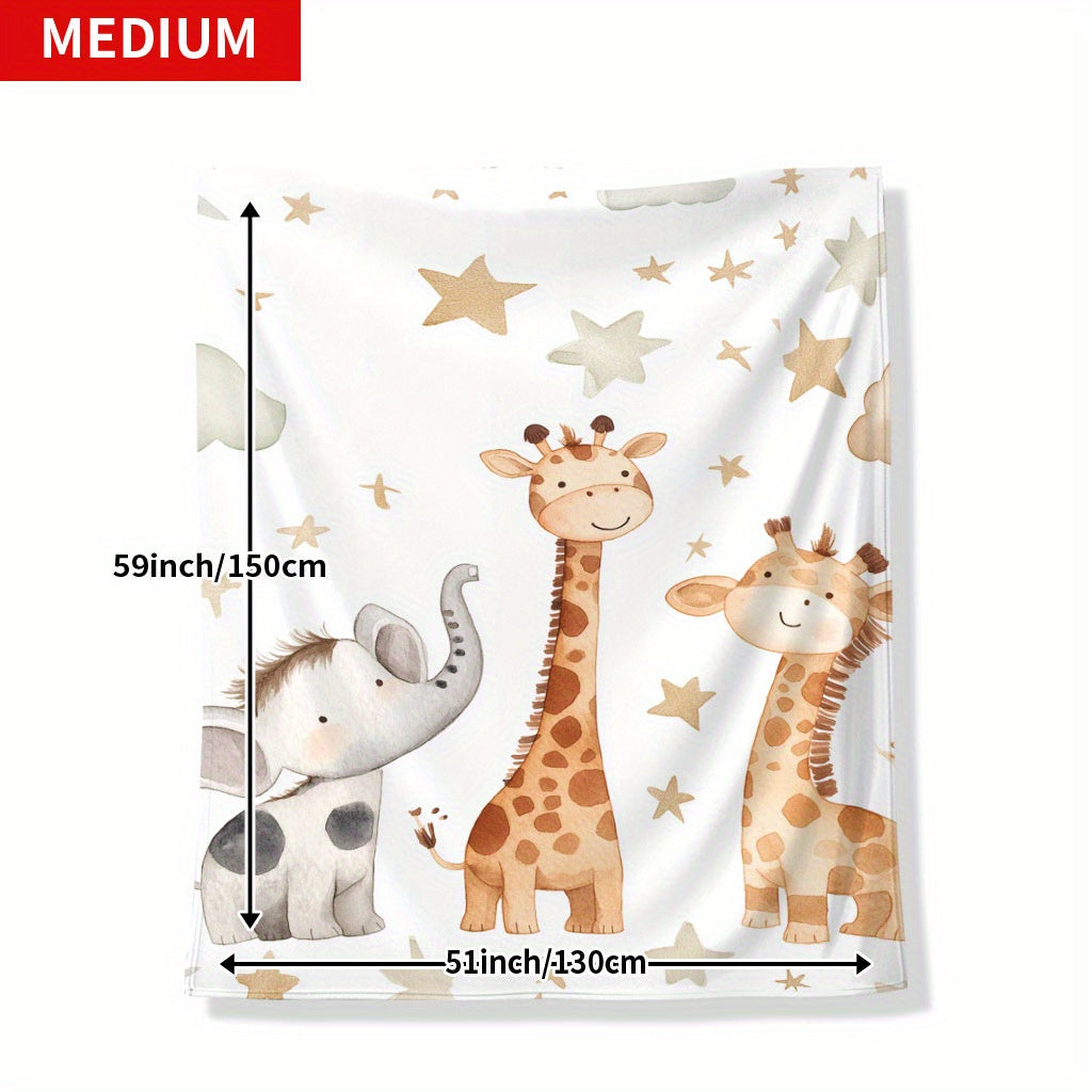 Kids Flannel Blanket with Elephant Giraffe and Star Prints Soft Cozy for Naps Camping Travel