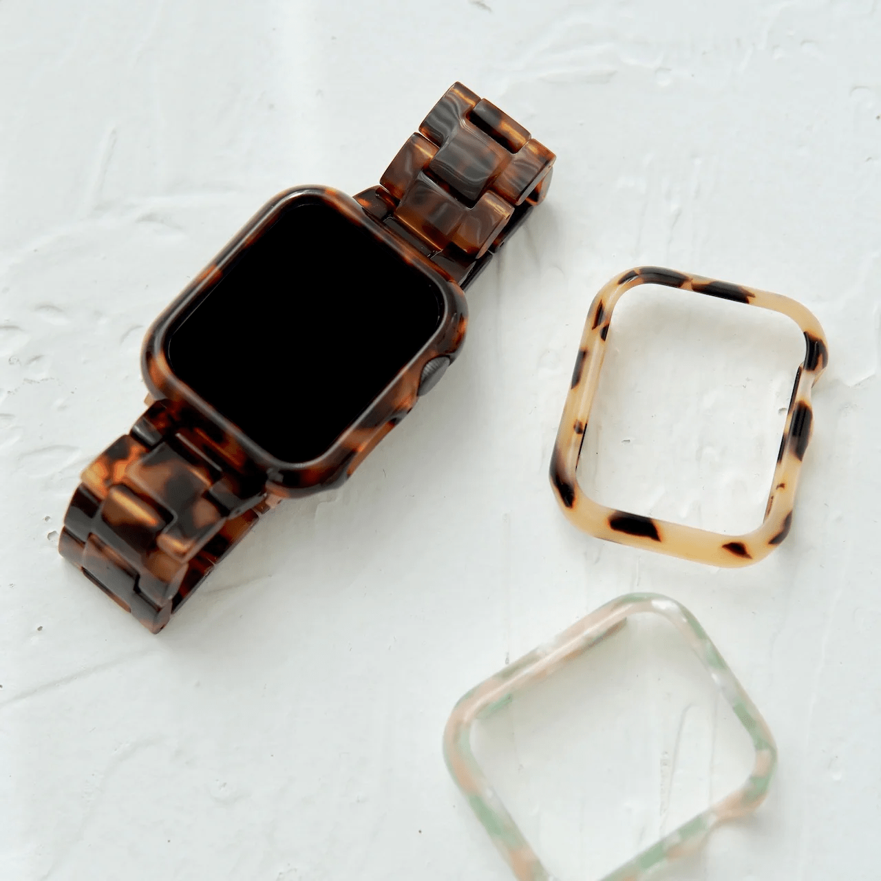 2-to'plam Tortoiseshell resin aqlli soat bandlari va himoya qutisi uchun iWatch Series 1-10 SE 38-49mm unisex aksessuarlar