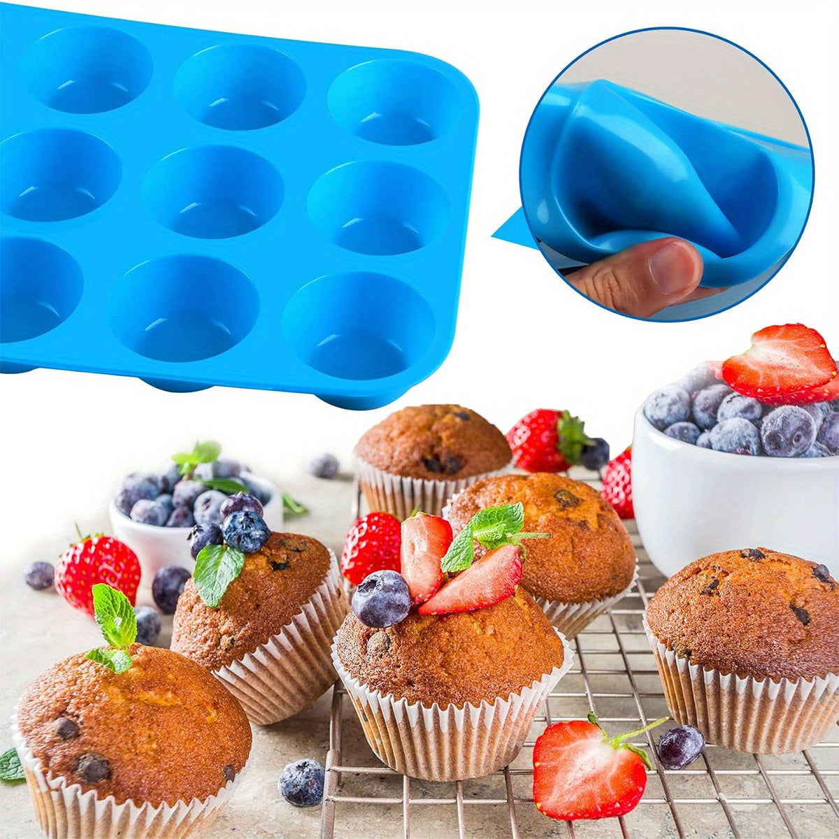 12-Cup Silicone Muffin Pan Non-Stick Baking Mold for Muffins Bread and Baked Goods