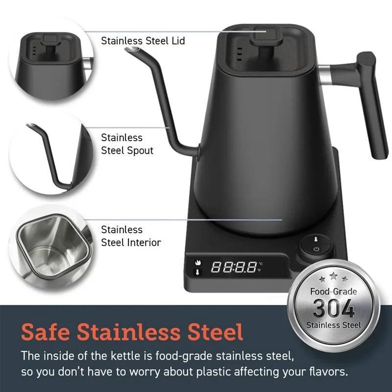 Electric Kettle Stainless Steel Gooseneck 1200W with Temp Control Glass Water Heater