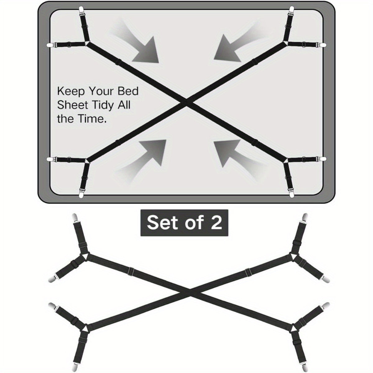 Adjustable Bed Sheet Fasteners with Elastic Straps and Clips for Mattress Covers and Cushions Black