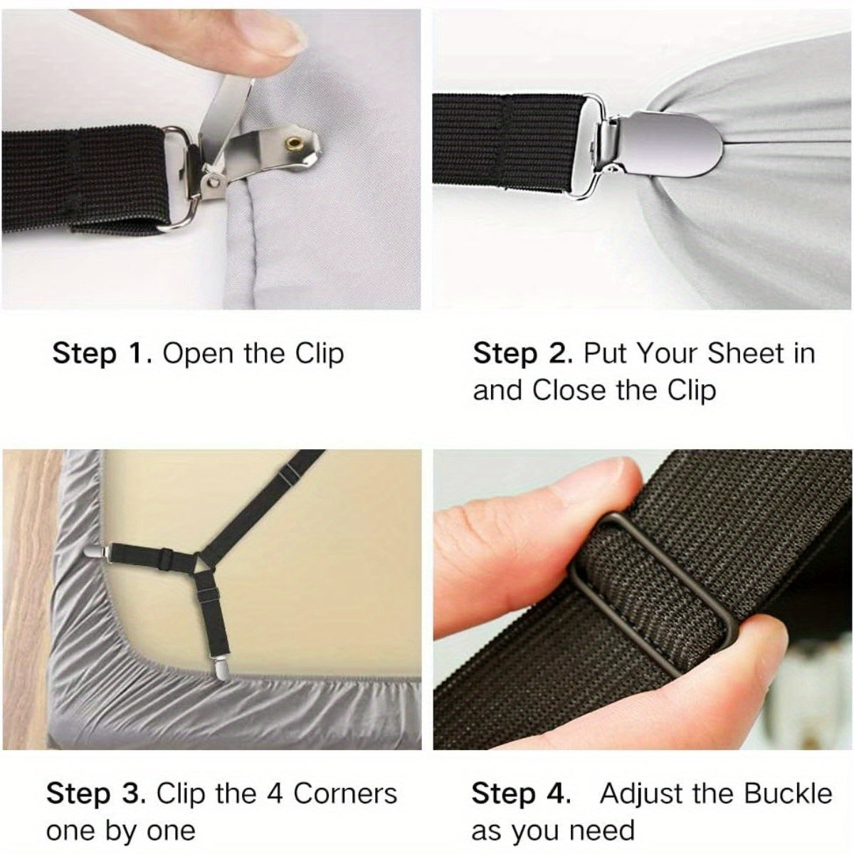 Adjustable Bed Sheet Fasteners with Elastic Straps and Clips for Mattress Covers and Cushions Black