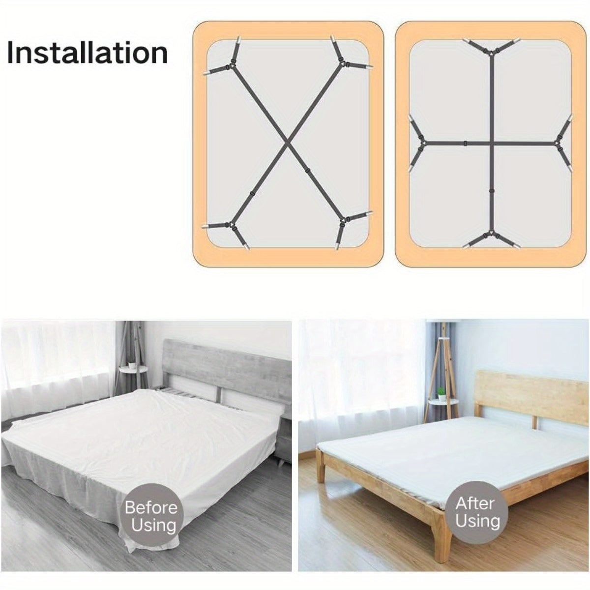 Adjustable Bed Sheet Fasteners with Elastic Straps and Clips for Mattress Covers and Cushions Black