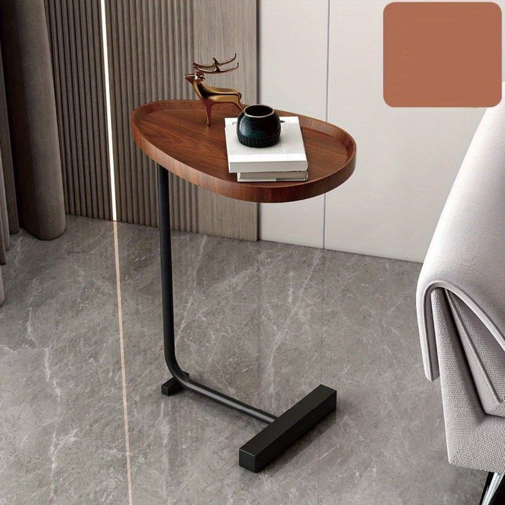 Mesita lateral en forma de C con tapa de madera dura y estructura de metal para sala de estar o dormitorio