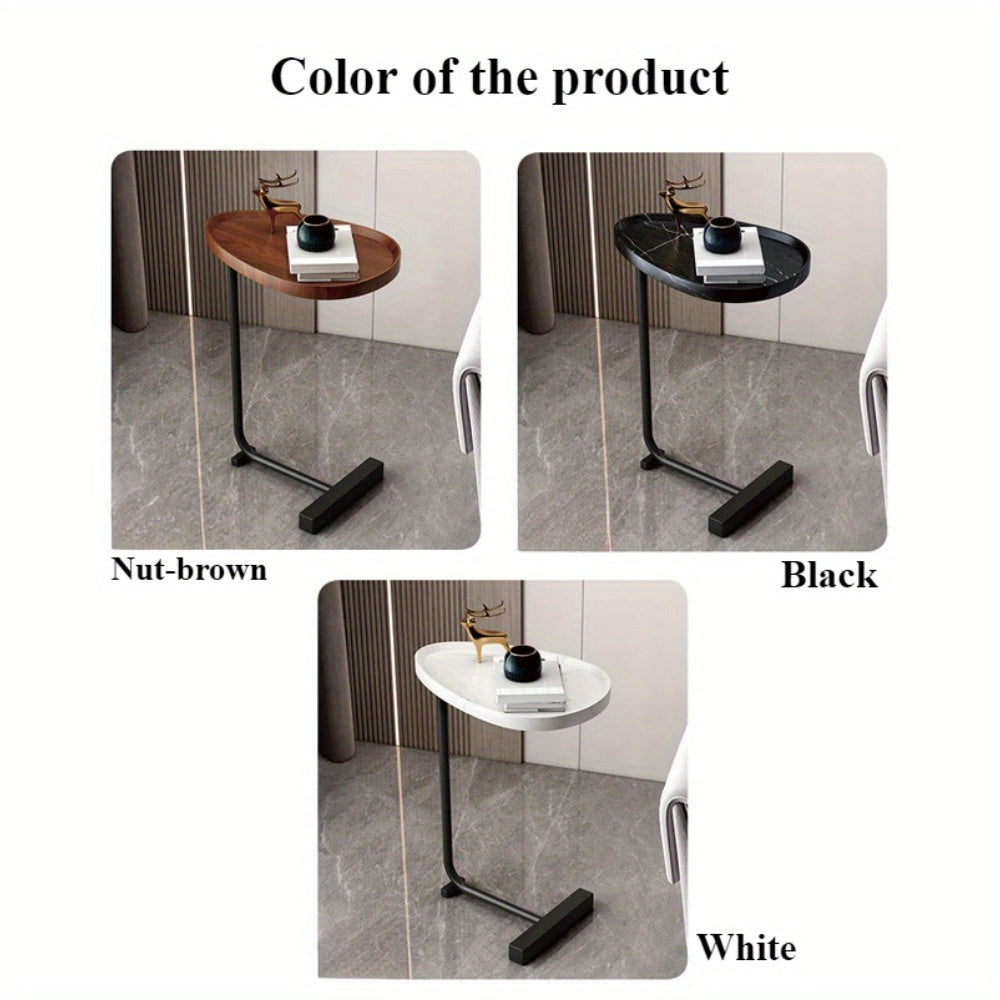 Mesita lateral en forma de C con tapa de madera dura y estructura de metal para sala de estar o dormitorio