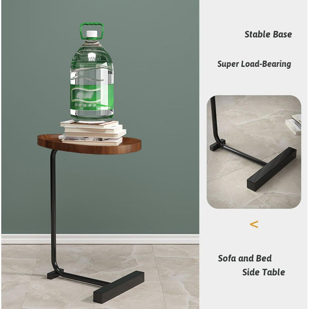 Mesita lateral en forma de C con tapa de madera dura y estructura de metal para sala de estar o dormitorio