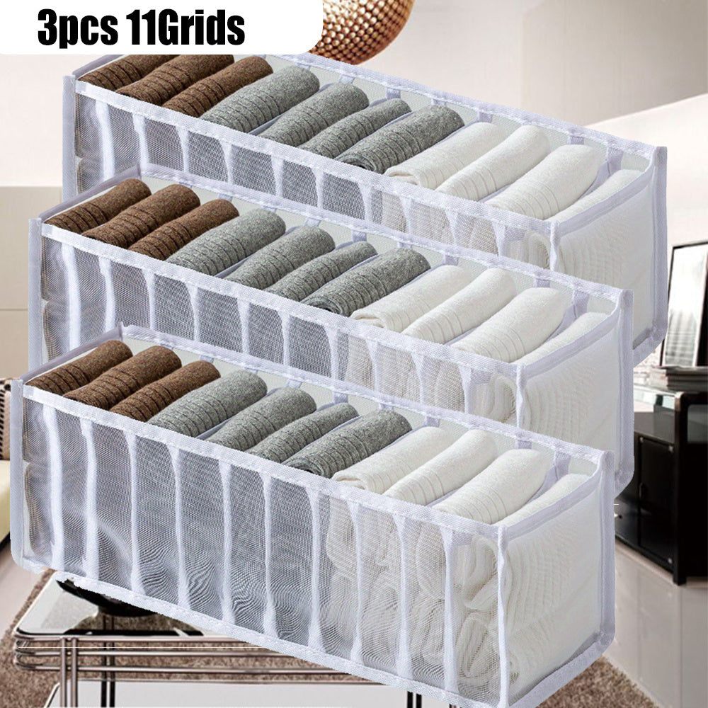 3-Piece Closet Organizer Set with 11 Grid Dividers and Storage Boxes for Clothes Socks and Scarves