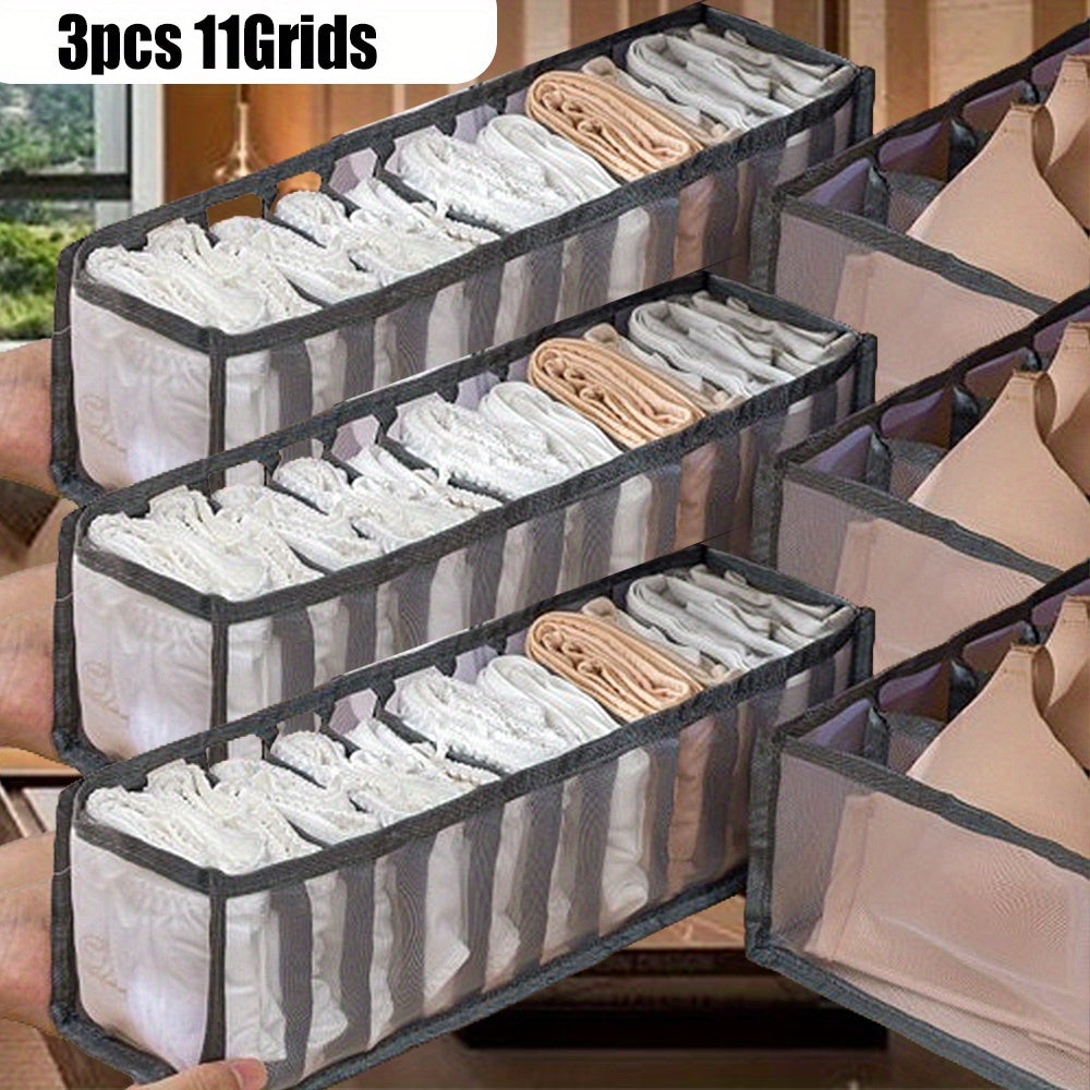 3-Piece Closet Organizer Set with 11 Grid Dividers and Storage Boxes for Clothes Socks and Scarves