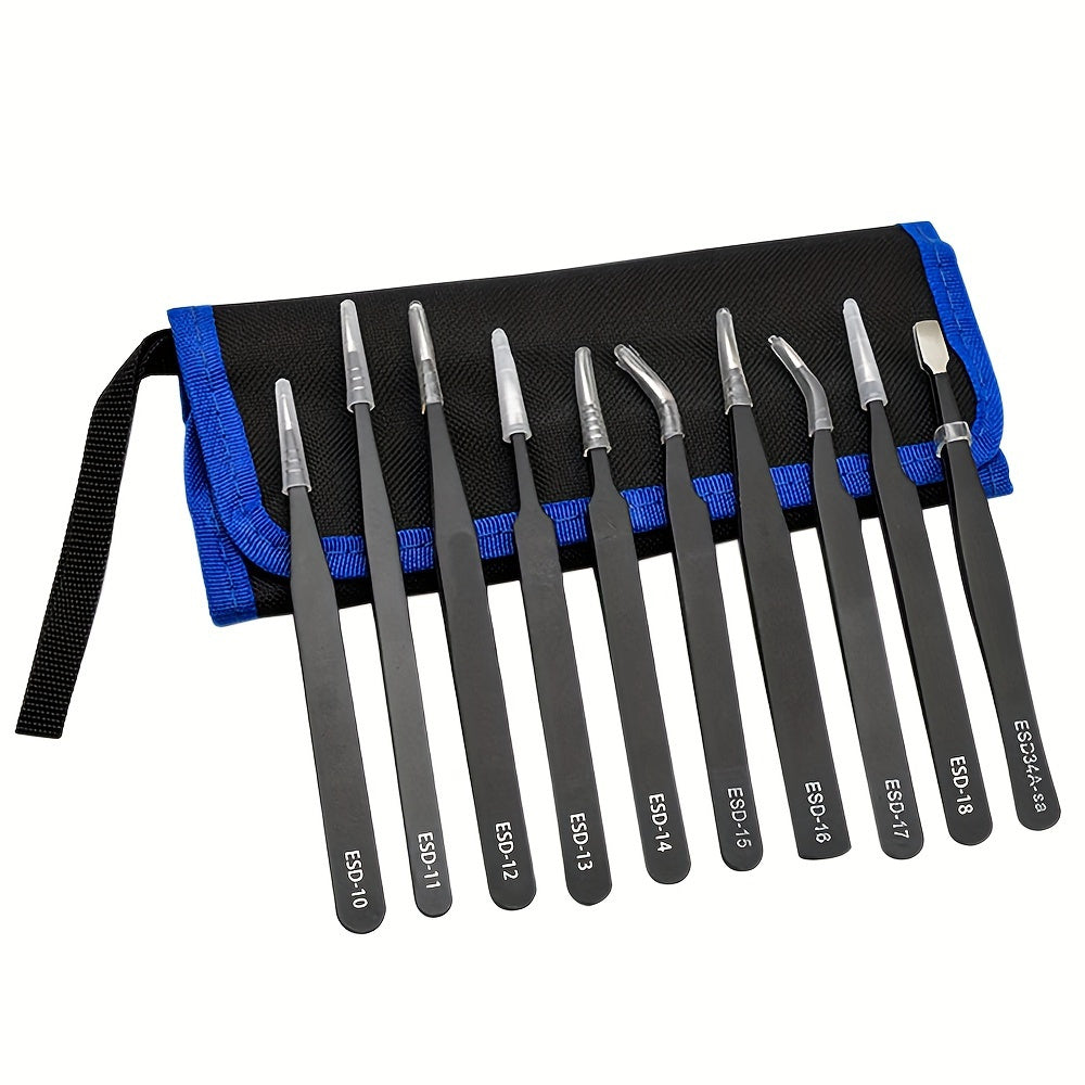 10-Piece Anti-Static Stainless Steel Tweezers Set for Electronics and Model Making