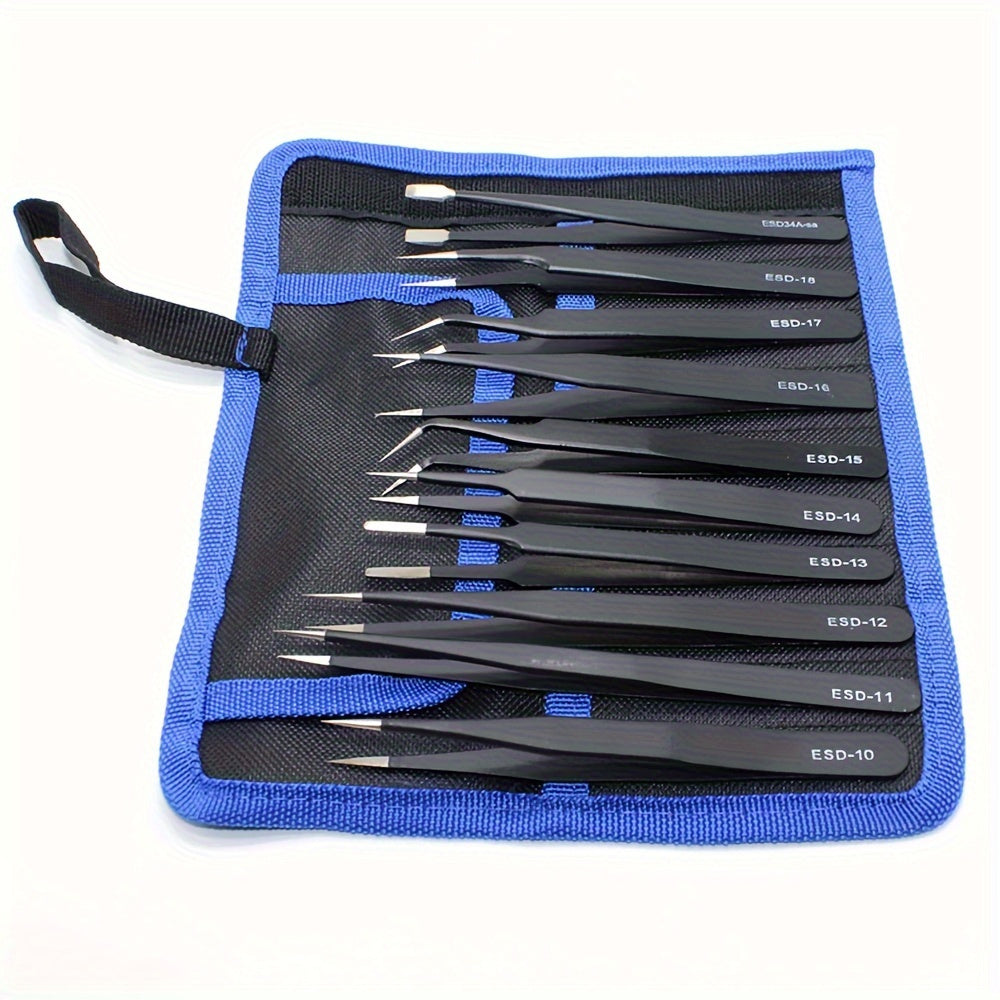 10-Piece Anti-Static Stainless Steel Tweezers Set for Electronics and Model Making