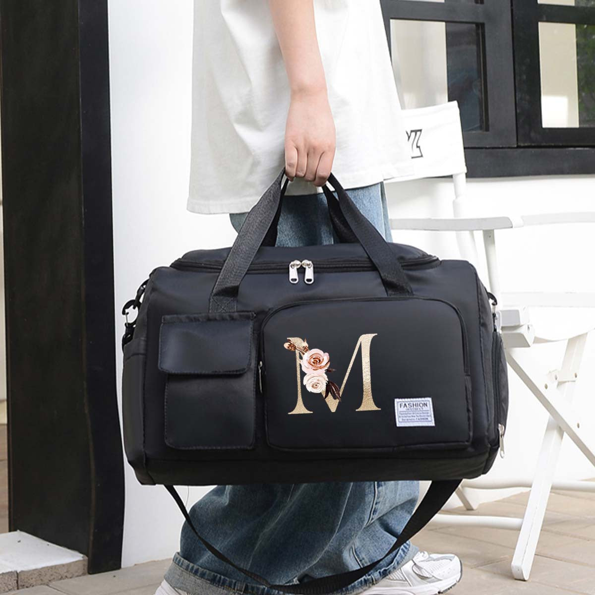 Large Black Travel Bag with Floral Letter Design, Oxford Cloth, Multiple Compartments