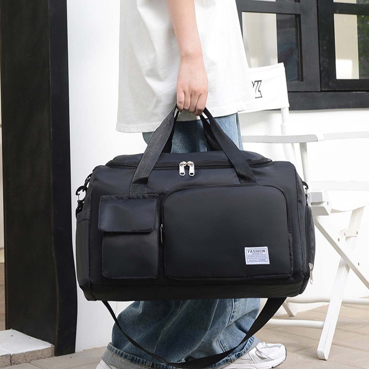 Large Black Travel Bag with Floral Letter Design, Oxford Cloth, Multiple Compartments