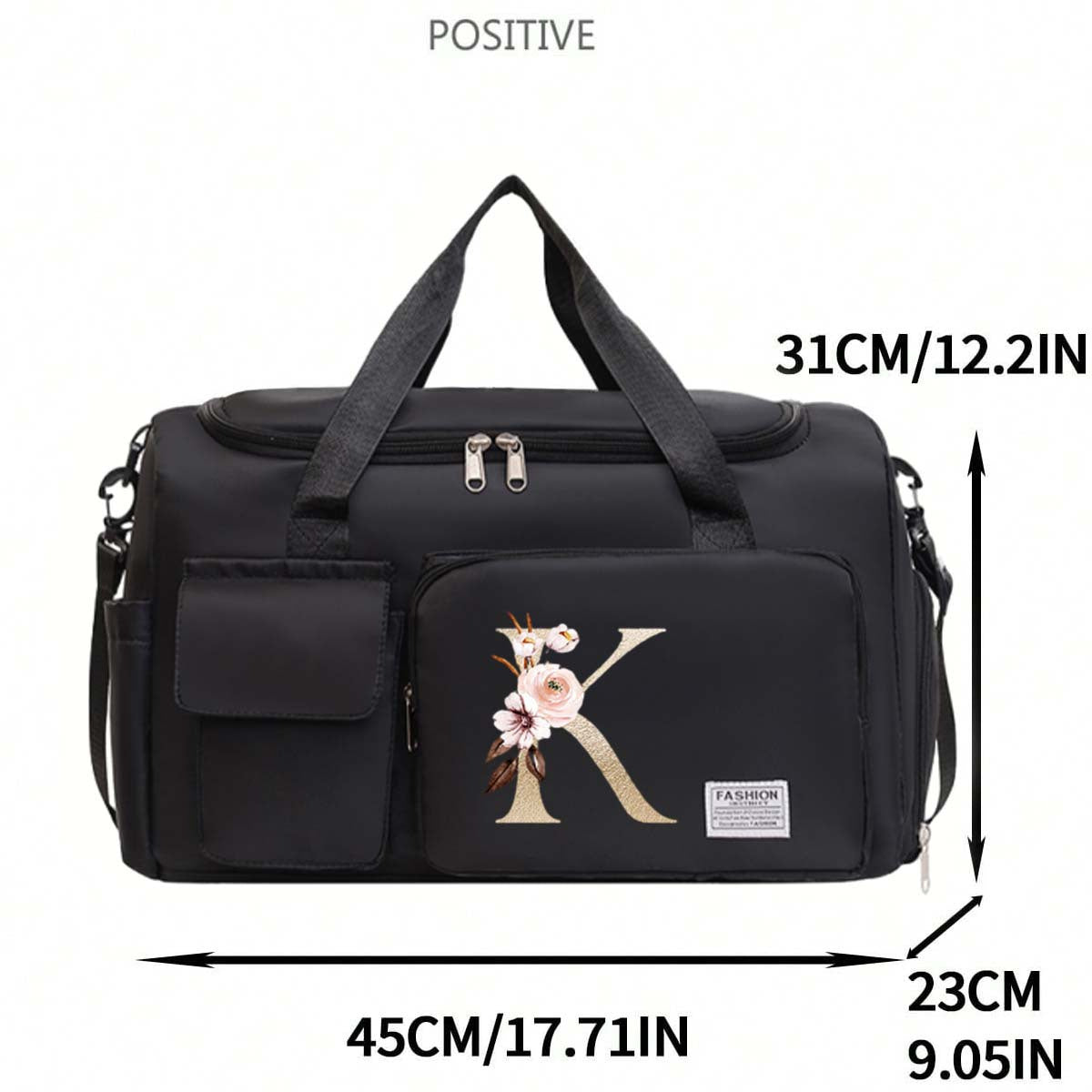 Large Black Travel Bag with Floral Letter Design, Oxford Cloth, Multiple Compartments
